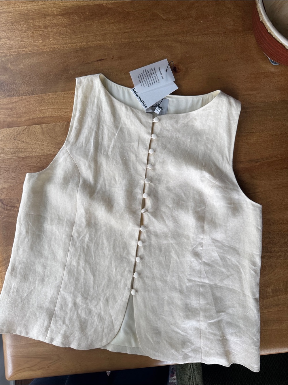 Reformation Cream Sleeveless Linen Tank with Covered Button Front